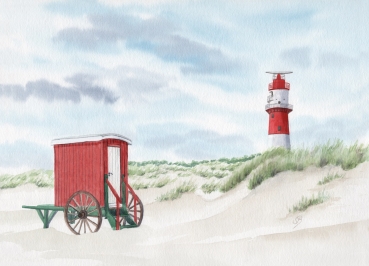 Postkarte DIN-A6 Aquarell Maritim Kunst Druck Kunstdruck Nordsee Insel Borkum elektrischer Leuchtturm und rote Badekarre am Strand - BO20